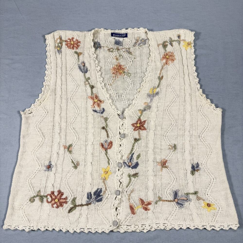 Vintage Knit Vest Boho Cottagecore Embroidered Flower Child Ramie Cotton